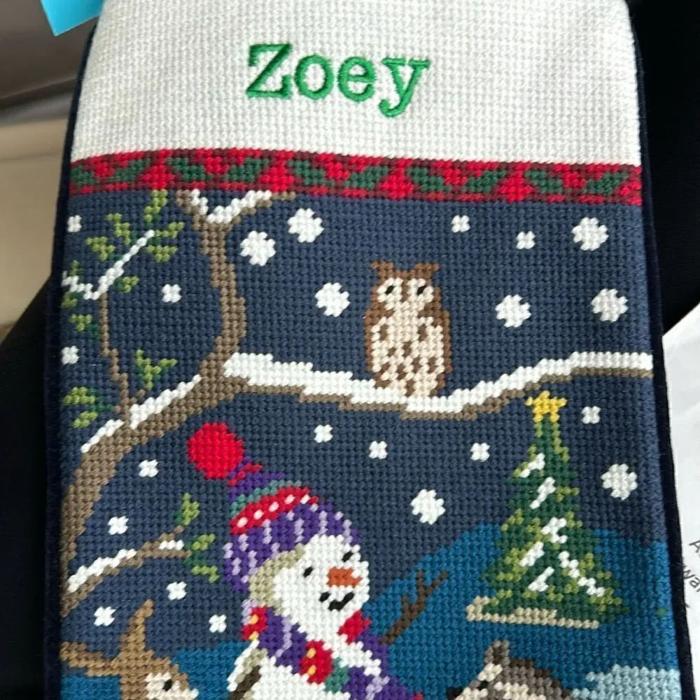 Land's End holiday stocking needlepoint ZOEY embroidered cotton velvet back New
